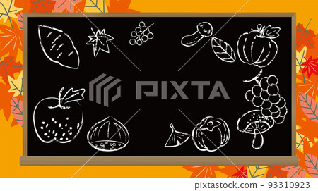 The taste of autumn Illustrations of fruits and vegetables drawn on a chalkboard The taste of autumn Illustrations of fruits and vegetables drawn on a chalkboard 93310923