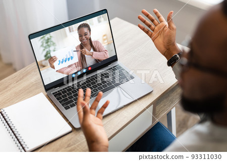 Remote Meeting. Man Having Web Conference On Laptop With Female Business Partner Remote Meeting. Man Having Web Conference On Laptop With Female Business Partner 93311030