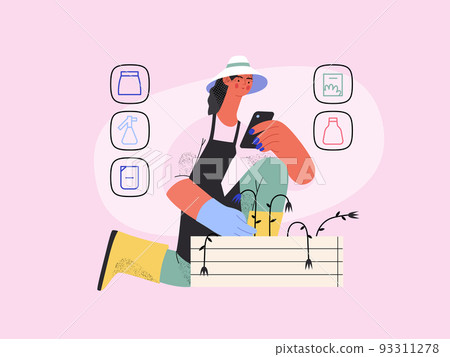 Shop now - Online shopping and electronic commerce series - modern flat vector concept illustration of a woman gardening and shopping online. Promotion, discounts, sale and online orders concept Shop now - Online shopping and electronic commerce series - modern flat vector concept illustration of a woman gardening and shopping online. Promotion, discounts, sale and online orders concept 93311278