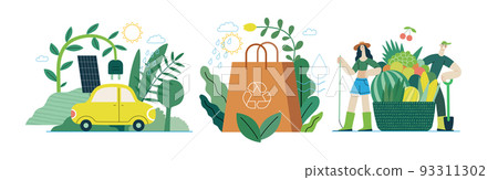Ecology - Modern flat vector concept illustration on green positive thinking. Waste sorting, Recycling, Green energy, Save the planet, bio farming. Creative landing web page illustrations set 93311302