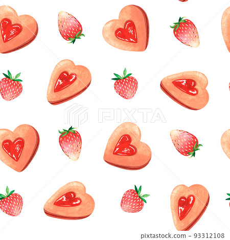 Seamless Pattern Heart-shaped jam cookies. Watercolor illustration. Isolated on a white background. Seamless Pattern Heart-shaped jam cookies. Watercolor illustration. Isolated on a white background. 93312108