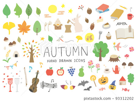 Hand-drawn illustration set related to autumn (color / no outline) 93312202
