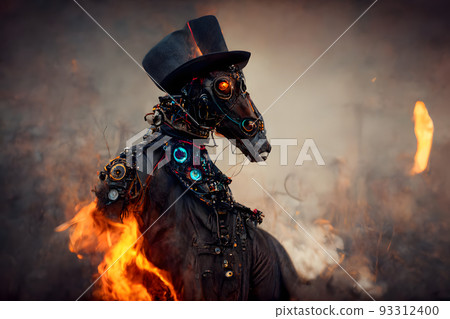 burning cyberpunk gipsy horse in gothic clothes and black cylider hat, neural network generated art 93312400