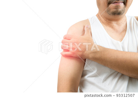 A middle aged man in white veat suffering from arm and shoulder pain isolated on white. 93312507