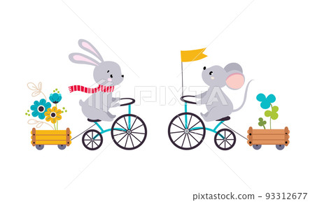 Cute baby animals enjoying ride. Adorable bunny and mouse riding bicycles cartoon vector illustration 93312677