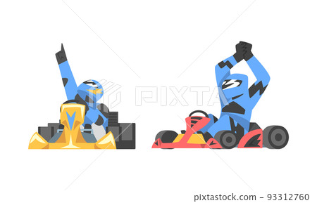 Racing driver in uniform celebrating victory set. Professional racer in uniform sitting in race car cartoon vector illustration 93312760