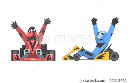 Professional racing driver celebrating victory while sitting in race car set cartoon vector illustration 93312761