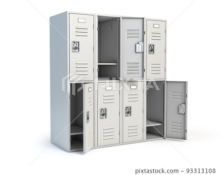 Metal locker box with open doors isolated on white. 93313108