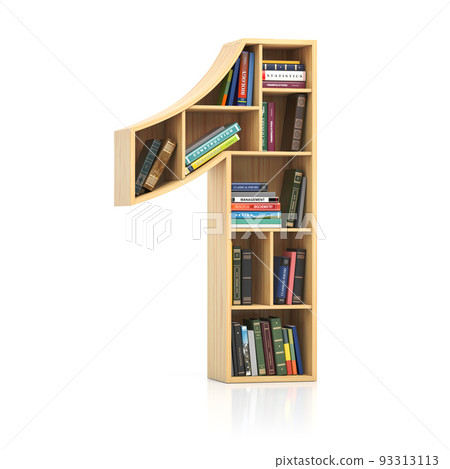 Number 1 one  in form of bookshelf with book and texbooks. Educational and learning conceptual font and alphabet. Number 1 one  in form of bookshelf with book and texbooks. Educational and learning conceptual font and alphabet. 93313113