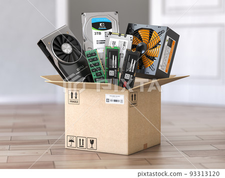 Computer pc parts in open cardboard box. Buing and delivery computer components. 93313120