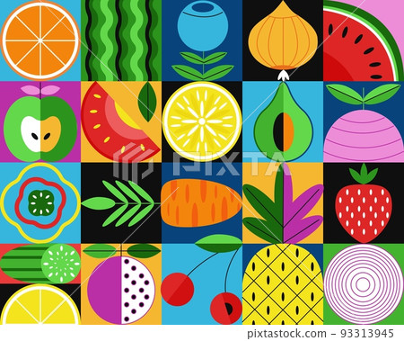 Flat geometric minimalist fruits. Bauhaus fruit composition style, modern tiles or mosaic background. Retro healthy colorful decent vector design 93313945