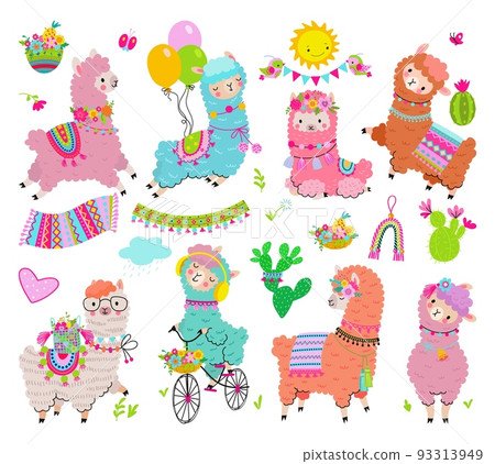 Llama with cactus mexican decorations. Cartoon alpaca from peru or chile, peruvian fluffy animals. Peruvian mascots, cute kids stickers nowaday vector set 93313949