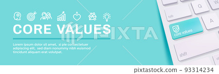Core Values Outline Icon w person and collaborating / thinking ideas web banner header 93314234