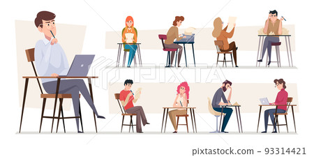 Writers. Bloggers freelancers working at laptop and writing books exact vector illustrations in cartoon style 93314421