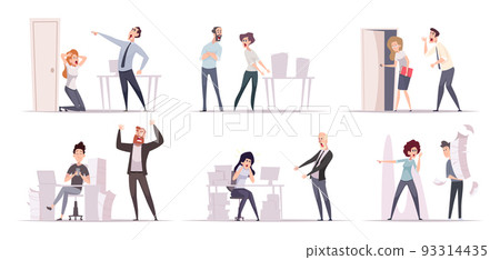 Aggressive businessman. Angry office managers screaming boss fires subordinates exact vector business people Aggressive businessman. Angry office managers screaming boss fires subordinates exact vector business people 93314435