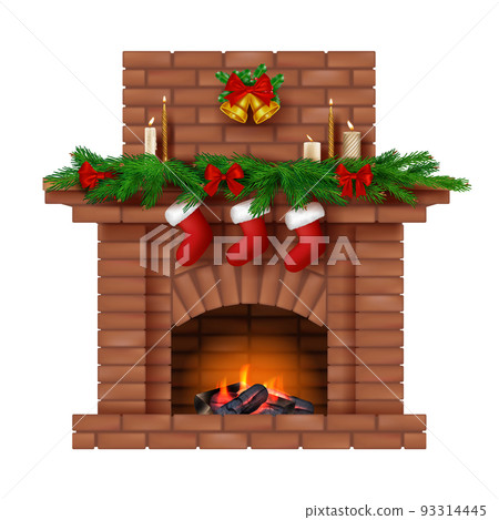 Xmas decor on fireplace. Coziness new year home decorative socks for presents from santa decent vector fireplaces in realistic style 93314445