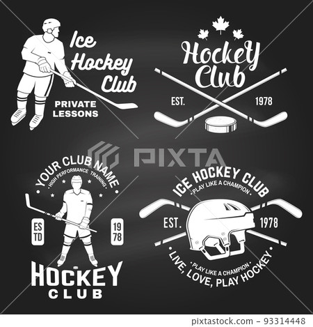 Ice Hockey club logo, badge design on chalkboard. Concept for shirt or logo, print, stamp or tee. Winter sport. Vintage typography design with player, sticker, puck and skates silhouette. Vector. 93314448