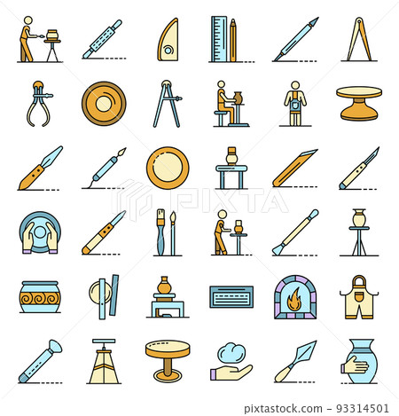 Potters wheel icons set line color vector 93314501