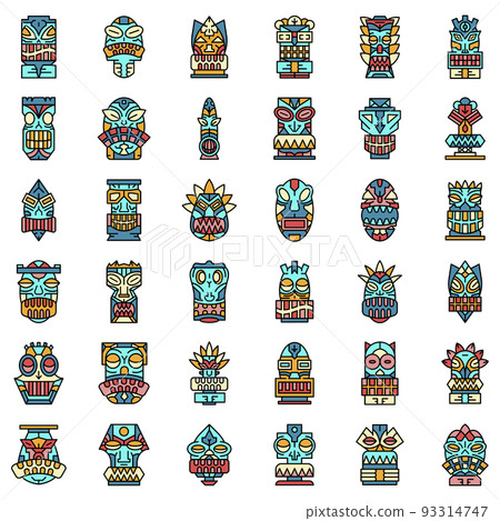 Tiki idols icon set line color vector 93314747
