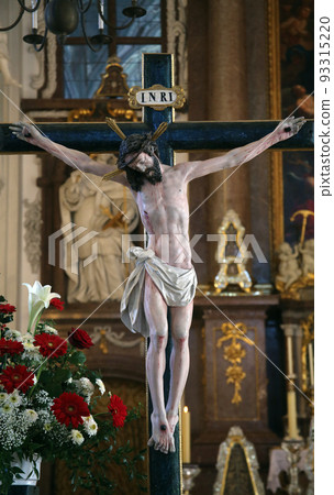 Crucifixion, altar in Saint Benedict basilica in the famous Benediktbeuern abbey, Germany 93315220