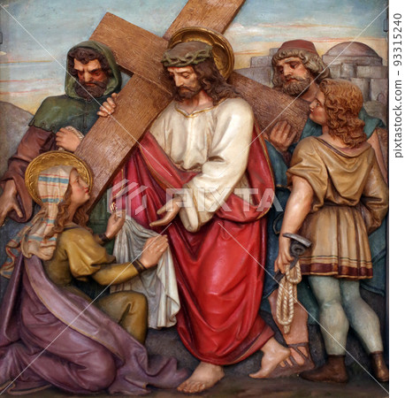 Veronica wipes the face of Jesus, 6th Stations of the Cross, the parish church of St. Peter and Paul in Oberstaufen, Germany Veronica wipes the face of Jesus, 6th Stations of the Cross, the parish church of St. Peter and Paul in Oberstaufen, Germany 93315240