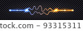 Electric discharge collision, blue vs yellow lightning thunder bolt. Glowing electric shock effect, light flash. Power battle with impulse line swirl wire, isolated effect. Vector illustration 93315311