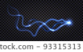 Electric discharge effect;  blue electrical glowing with shock light flash. Swirl line wire power cable,  clash explosion. Modern technology . Isolated on transparent background, vector illustration 93315313
