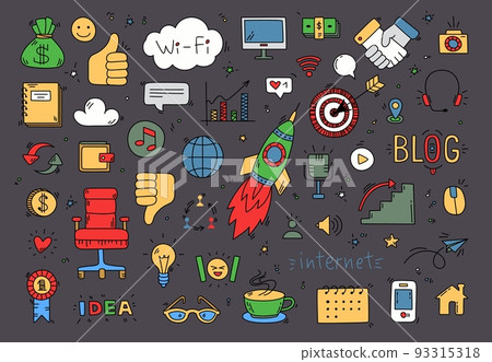 Social media doodle icons collection. Doodles global network symbols, digital communication elements. Dislike like, message in bubbles classy vector set 93315318