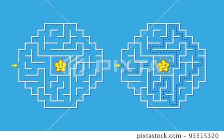 Labyrinth game way. Maze sector with confusing path. Puzzle location, explore and finding gift. Cartoon smile star, square quiz kids tidy vector play 93315320