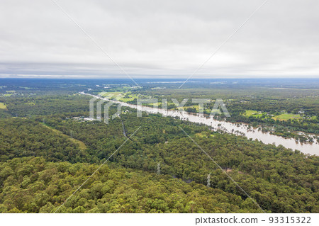 Drone aerial photograph of flooding in the Cumberland Plain and Nepean River in Australia. Drone aerial photograph of flooding in the Cumberland Plain and Nepean River in Australia. 93315322