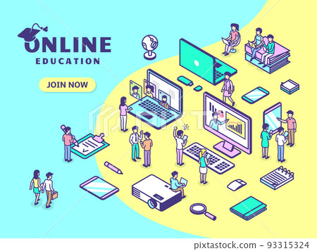 Isometric online school working web banner. Fun learning in college, exams preparation. 3d retro students, teachers, computer and office tools tidy vector scene Isometric online school working web banner. Fun learning in college, exams preparation. 3d retro students, teachers, computer and office tools tidy vector scene 93315324