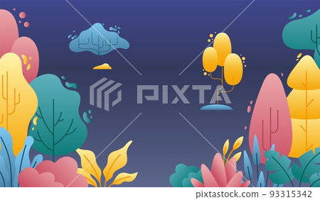 Flat minimal landscape. Abstract tree and bushes, colorful nature elements background. Simple fantasy graphic, purple swanky vector banner Flat minimal landscape. Abstract tree and bushes, colorful nature elements background. Simple fantasy graphic, purple swanky vector banner 93315342