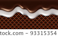 Melt chocolate and milk drip on waffle background. Liquid dark brown chocolate flow and white cream milk wave, sweet dessert with ricing, delicious candy .. Vector illustration 93315354
