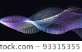 Nano wave lines with dot particles pattern. Abstract synergy waves, dynamic swirl curves. Glow light effect, purple on black background. Data science, nano technology. Vector illustration. 93315355