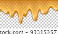 Dripping honey melt splash. Liquid syrup texture, flowing orange jelly or juice, honey, oil, sweet sauce. Isolated on transparent background, vector illustration 93315357