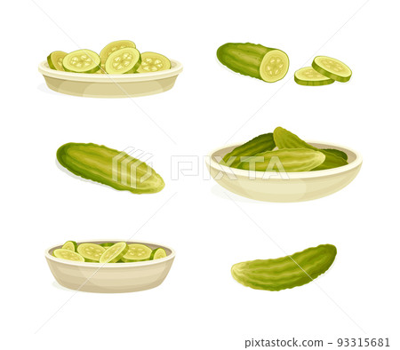 Sliced and Whole Pickled Cucumber or Gherkin with Salted Taste Served as Snack Vector Set 93315681