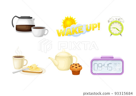 Good Morning Symbol and Attribute with Alarm Clock, Sandwich for Breakfast, Brewed Coffee and Muffin Vector Set Good Morning Symbol and Attribute with Alarm Clock, Sandwich for Breakfast, Brewed Coffee and Muffin Vector Set 93315684