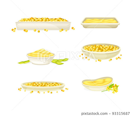 Mustard Yellow Seeds Piled on Plate and Paste or Sauce Vector Set 93315687