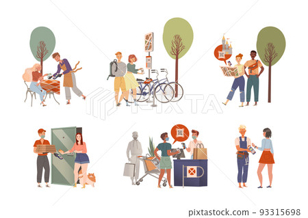 People Using Contactless Payment for Buying at Store, Renting Bicycle, Excursion Paying for Service Vector Set 93315698