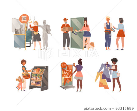 People Using Contactless Payment for Buying at Store, Public Transport, Pizza Delivery Paying for Service Vector Set People Using Contactless Payment for Buying at Store, Public Transport, Pizza Delivery Paying for Service Vector Set 93315699