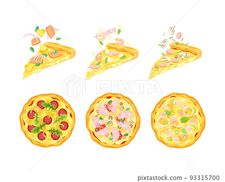 Appetizing Italian Pizza Slice and Whole as Round Hot Dough Topped with Ingredients Vector Set 93315700