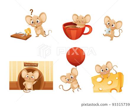 Little Mouse Character with Long Tail and Big Ears Engaged in Different Activity Vector Set 93315739