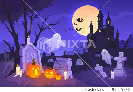 Halloween graveyard scene. Haunting nightmare hallowen background, cartoon horror castle scenery scary ghost at tomb stones grave in dark forest hill, ingenious vector illustration 93315780