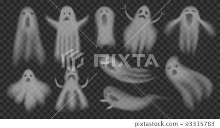 Transparent ghost. Translucent ghosts shadow halloween spooky creatures, soul phantom ghostly fog smoke spirit face creepy mist effect, horror concept ingenious vector illustration 93315783