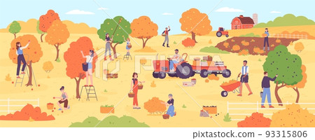 People on autumn harvesting. Farm workers picking agriculture fall harvest from garden planting tree, group people on ladder pick season fruit orchard, garish vector illustration 93315806