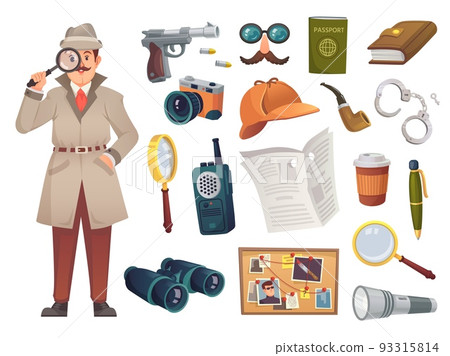 Private detective equipment. Cartoon inspector tools, investigator equipments for investigation case detectice evidence, spying elements sherlock icon ingenious vector illustration 93315814