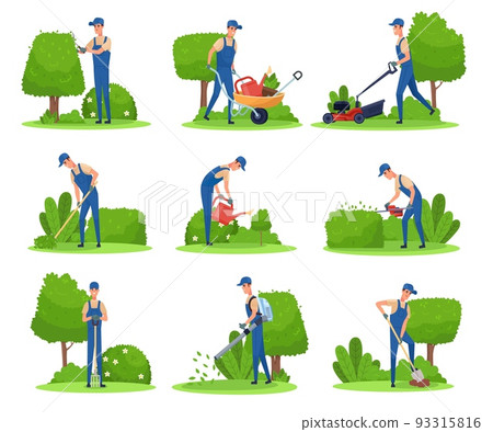 Gardener maintenance backyard. Man pruning garden hedge plant, trim tree care jardin cutting grass lawn mower garden landscape worker with wheelbarrow 93315816