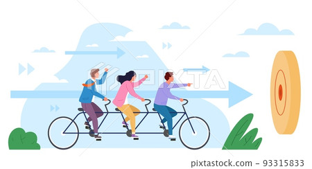Bicycle team work. Teamwork tandem bike, corporate lifestyle joy employees working together journey to goal achievement creative executives partnership concept vector illustration Bicycle team work. Teamwork tandem bike, corporate lifestyle joy employees working together journey to goal achievement creative executives partnership concept vector illustration 93315833