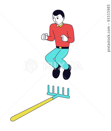 Angry man is jumping on a rake.  93315985