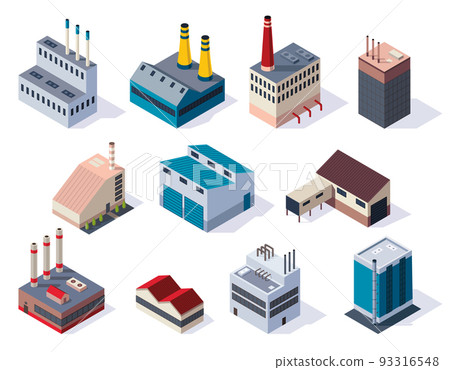 Collection of isometric factories. Concept of industrial working plants with chimney tower or pipes. Industrial buldings. 3d isolated icons set. Architecture of manufactures house Collection of isometric factories. Concept of industrial working plants with chimney tower or pipes. Industrial buldings. 3d isolated icons set. Architecture of manufactures house 93316548